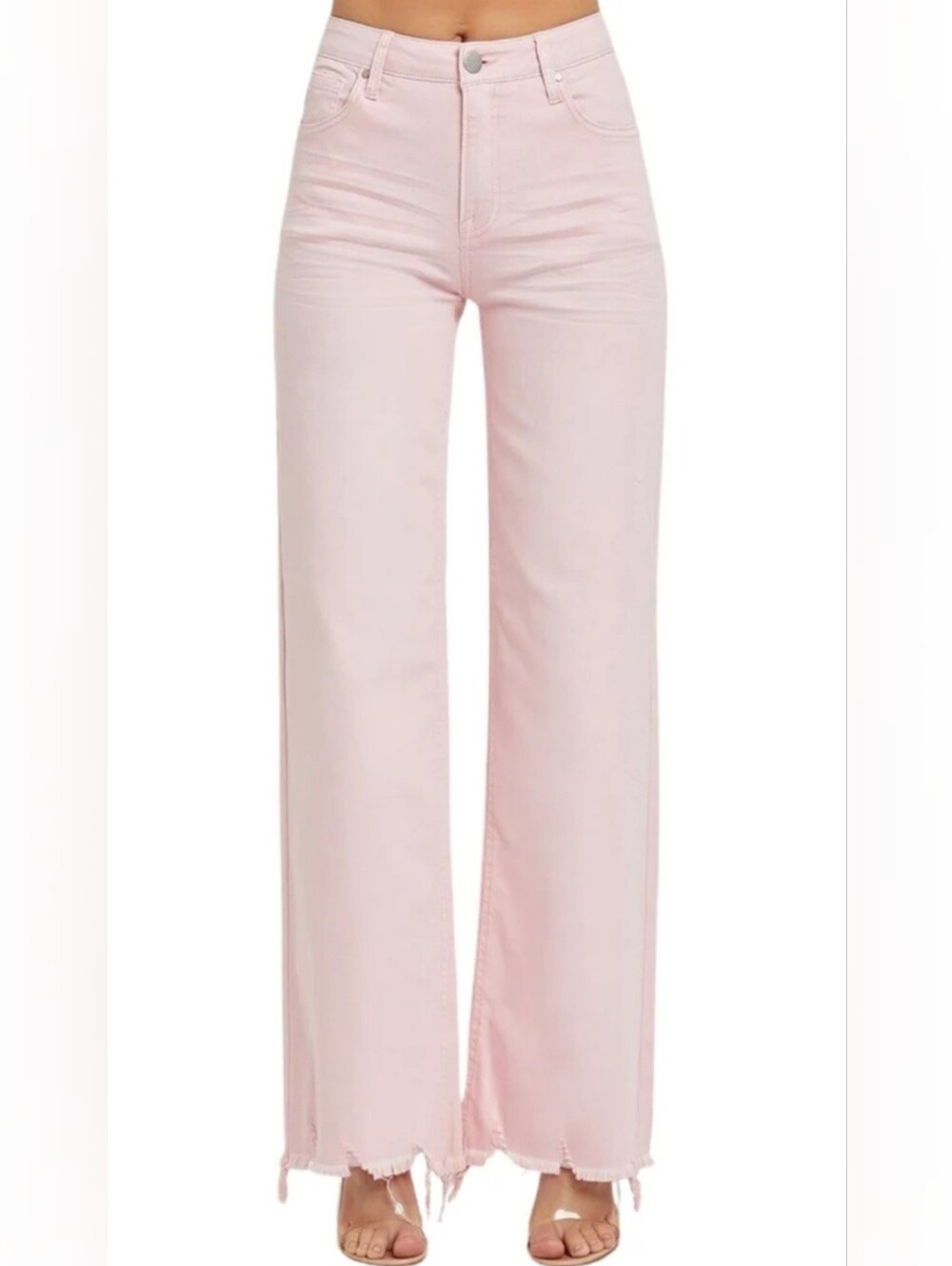 Risen Light Pink Acid Wash Wide Leg High Waist Raw Hem Jeans 1 / 25 Barbiecore